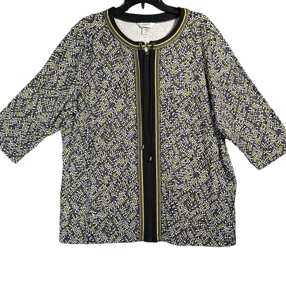 Cj Banks Full Zip Top Jacket Black Gray Yellow Drawstring 3/4 Sleeves Cotton 2X